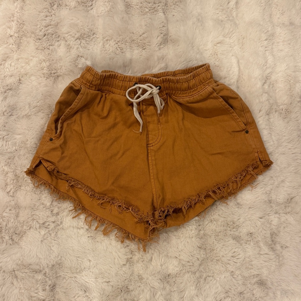 Billabong Rust High Waist Frayed Drawstring Denim Shorts